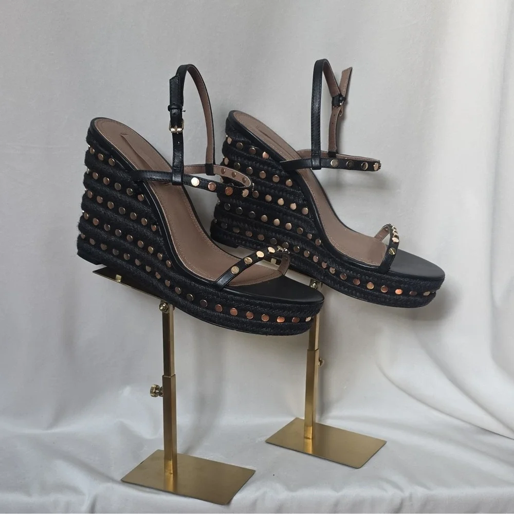 BCBGMAXAZRIA Paige Women's Black Calf Leather Studded Wedge 10M
